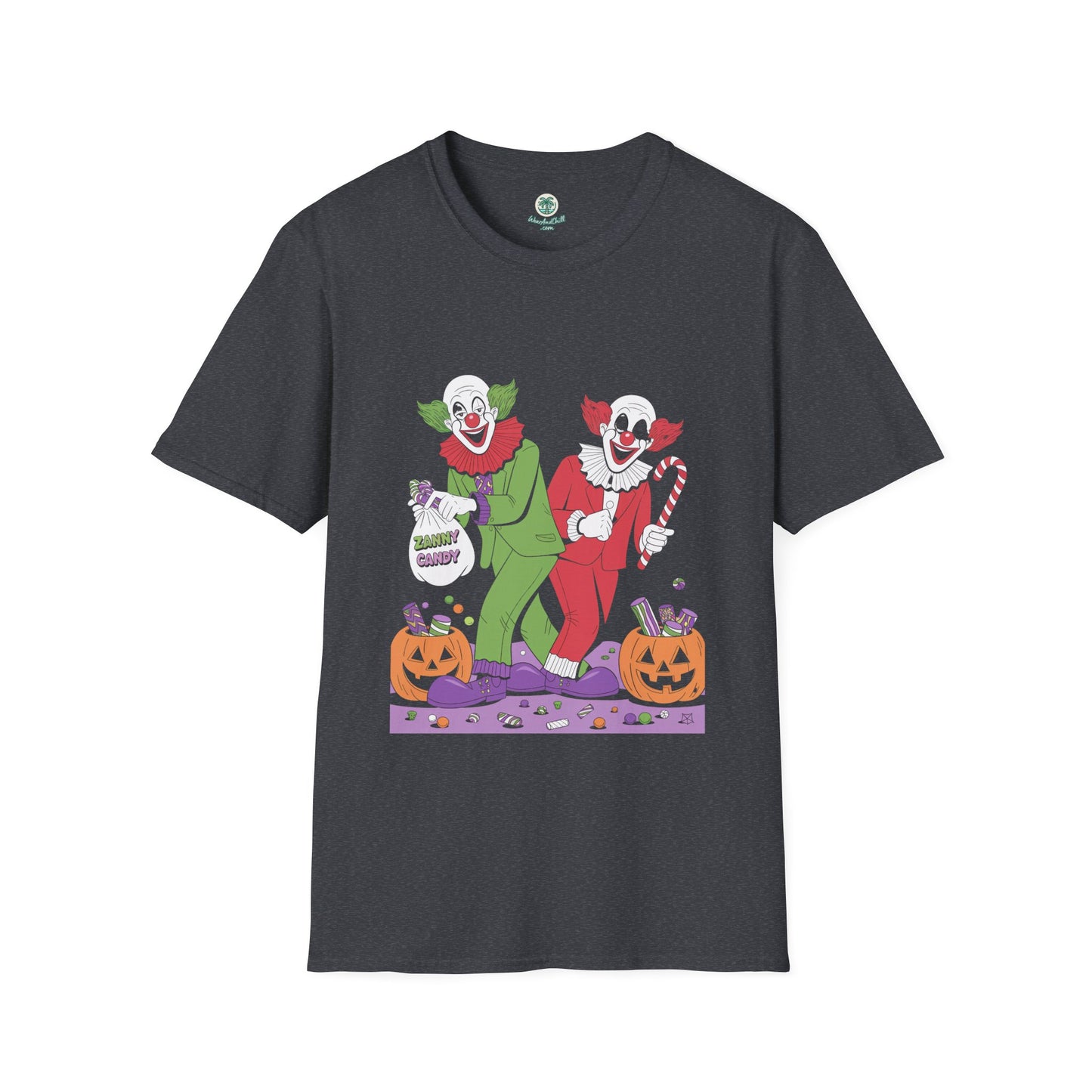 Zany clowns handing out candy