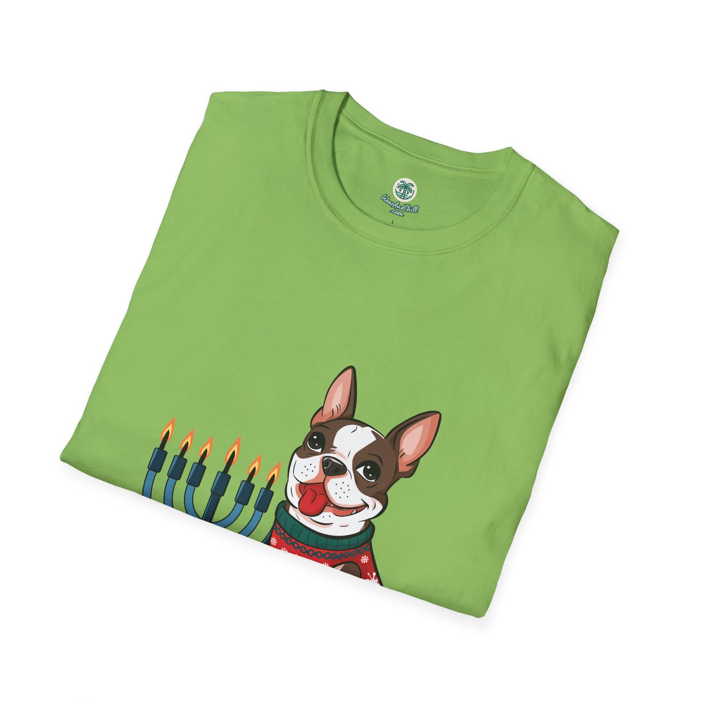 A cheerful Boston Terrier and a menorah
