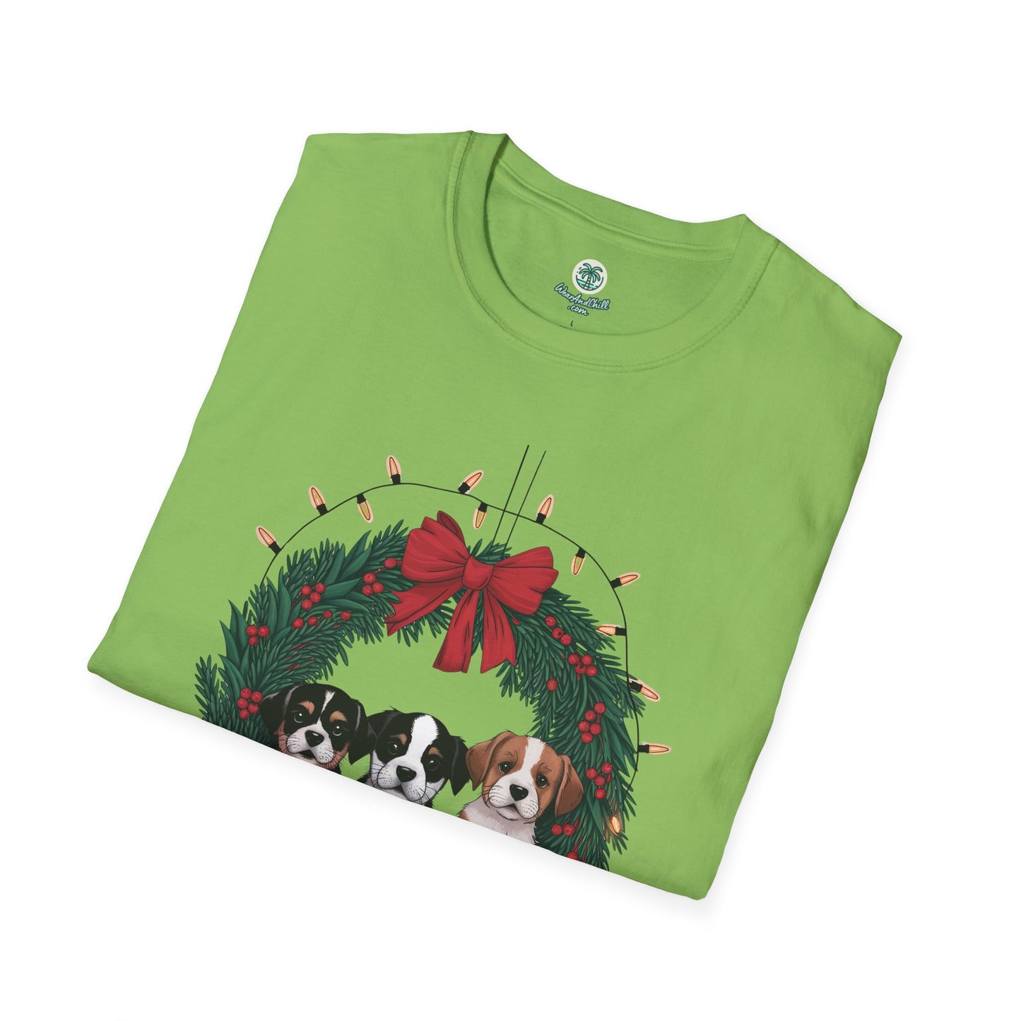 Puppies sitting in a Christmas wreath