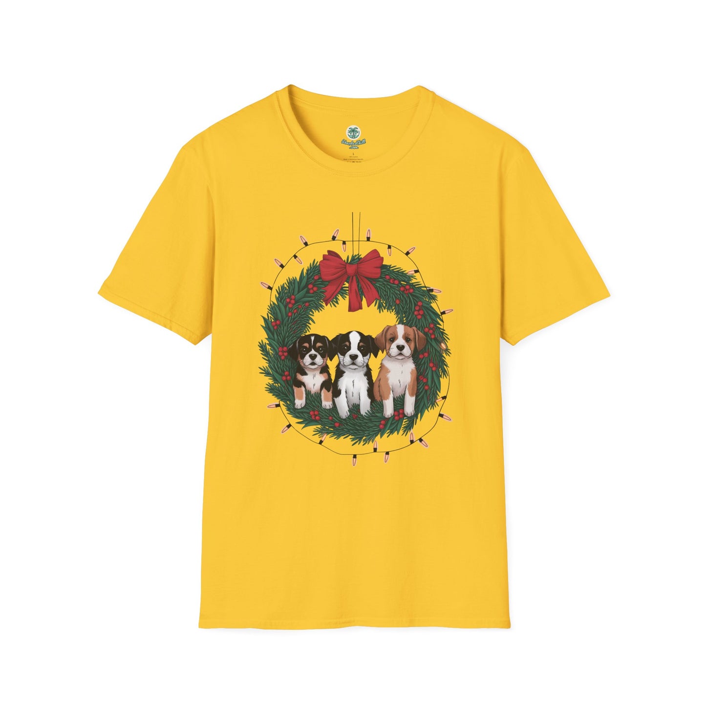 Puppies sitting in a Christmas wreath
