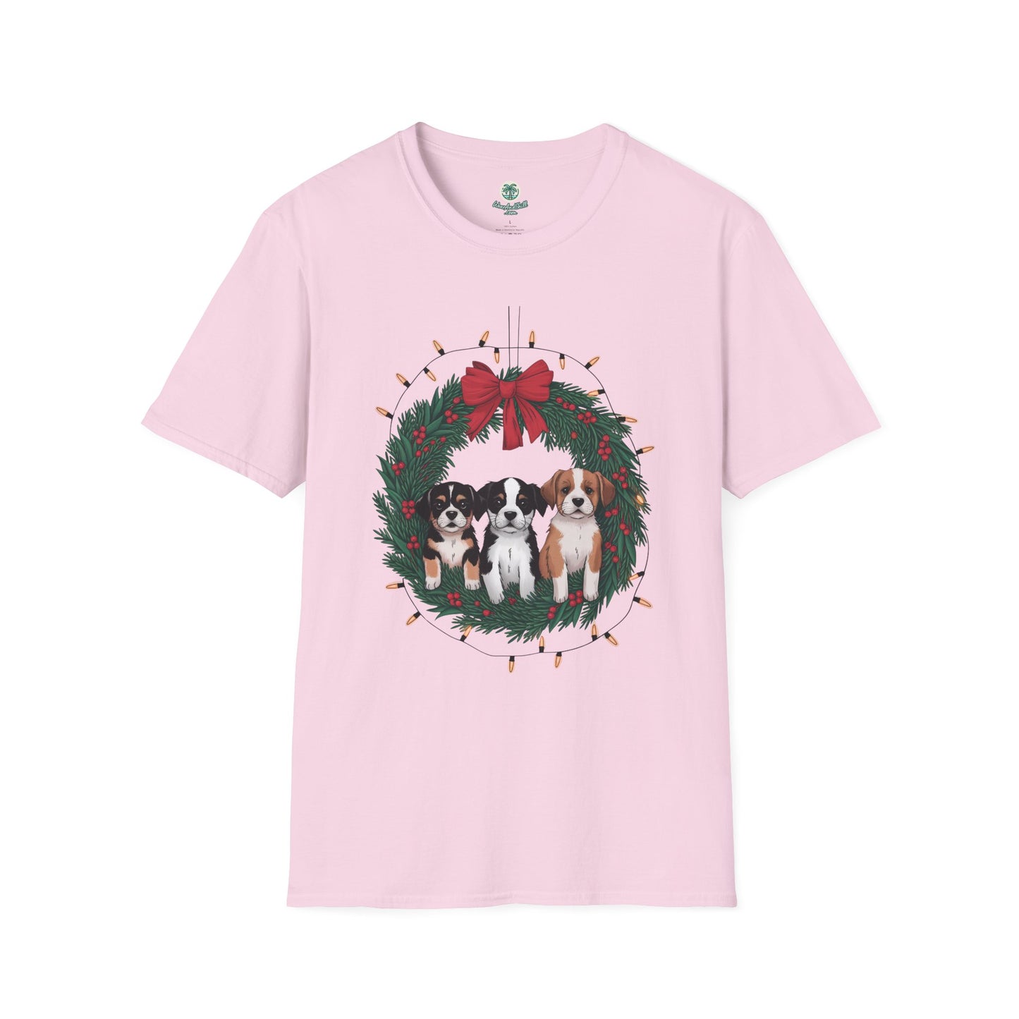 Puppies sitting in a Christmas wreath