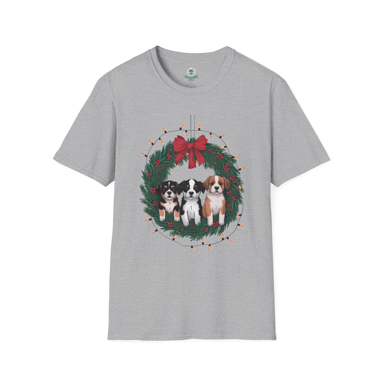 Puppies sitting in a Christmas wreath