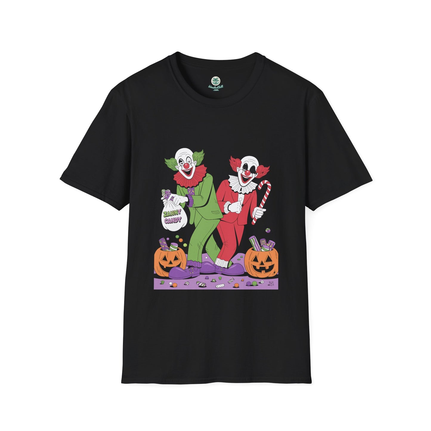 Zany clowns handing out candy