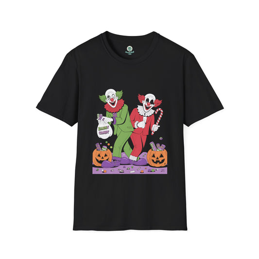 Zany clowns handing out candy