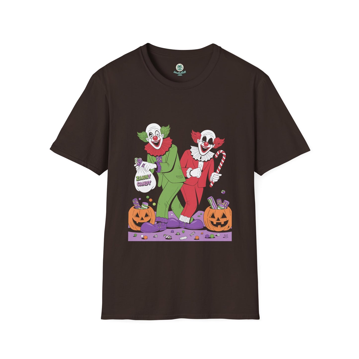 Zany clowns handing out candy