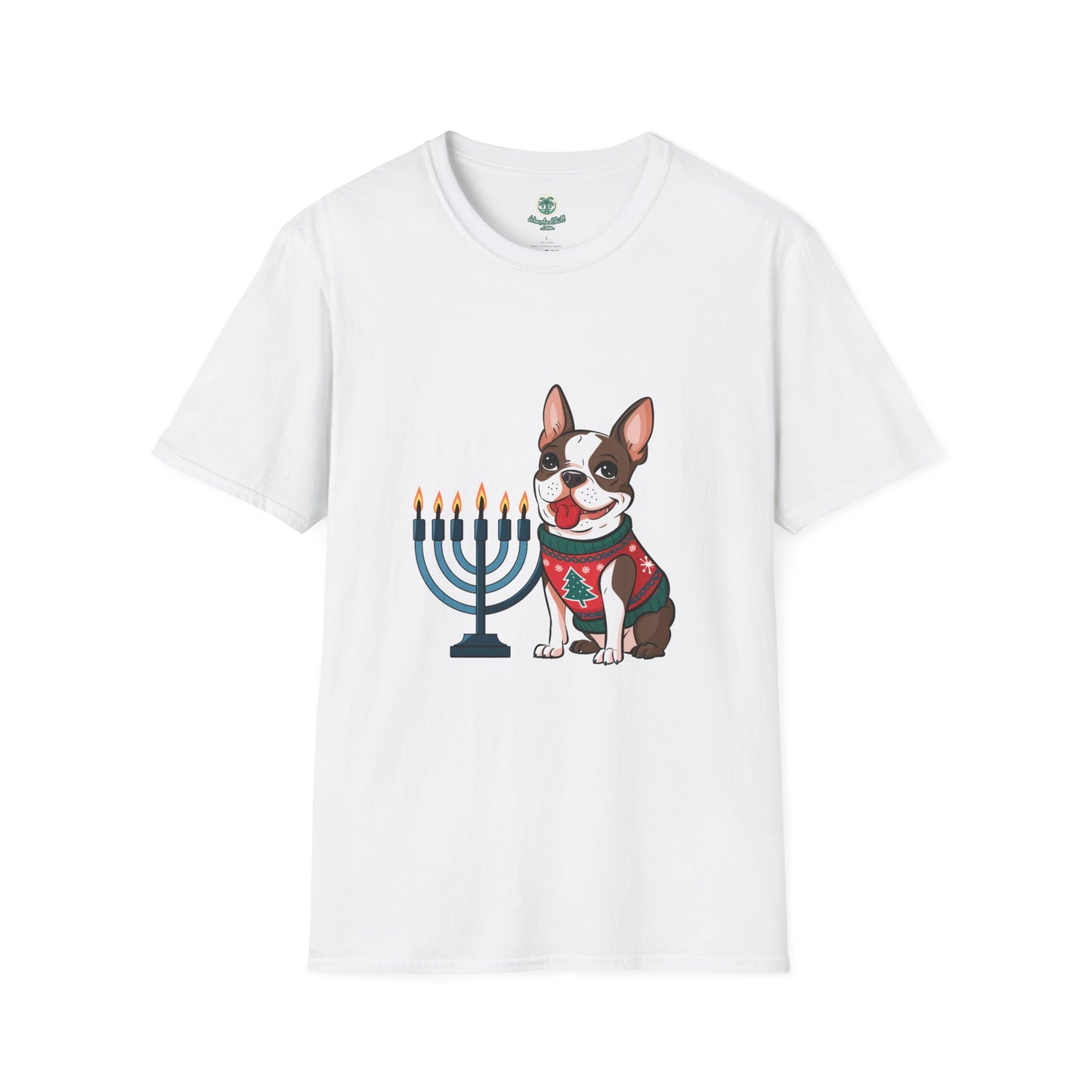 A cheerful Boston Terrier and a menorah