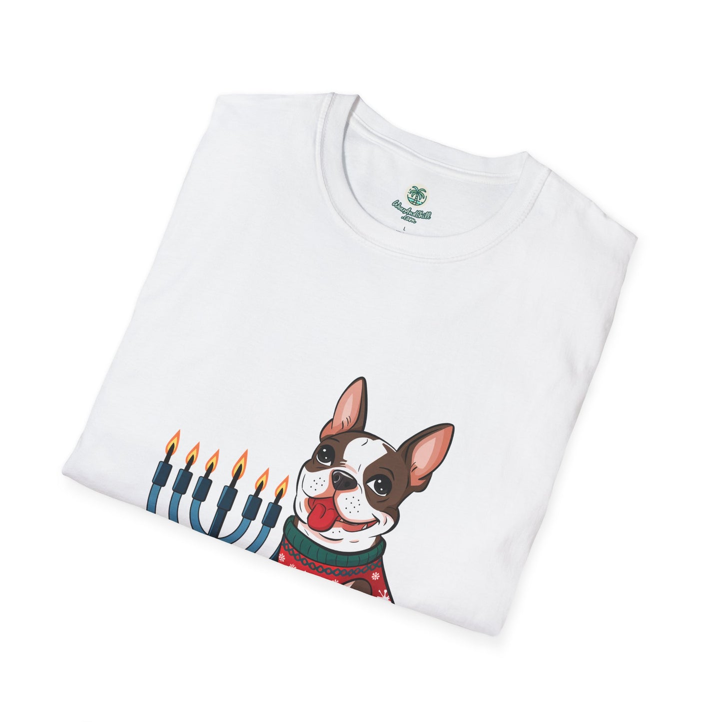 A cheerful Boston Terrier and a menorah