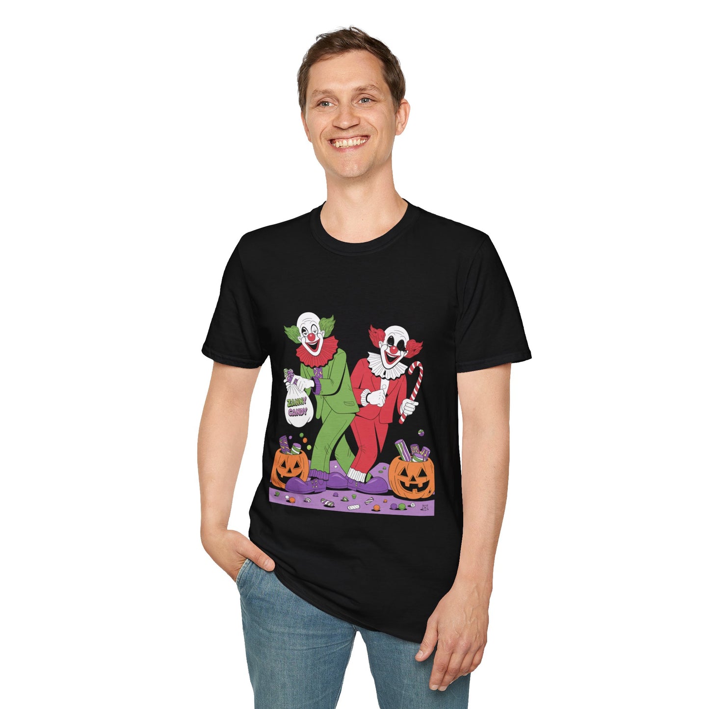 Zany clowns handing out candy