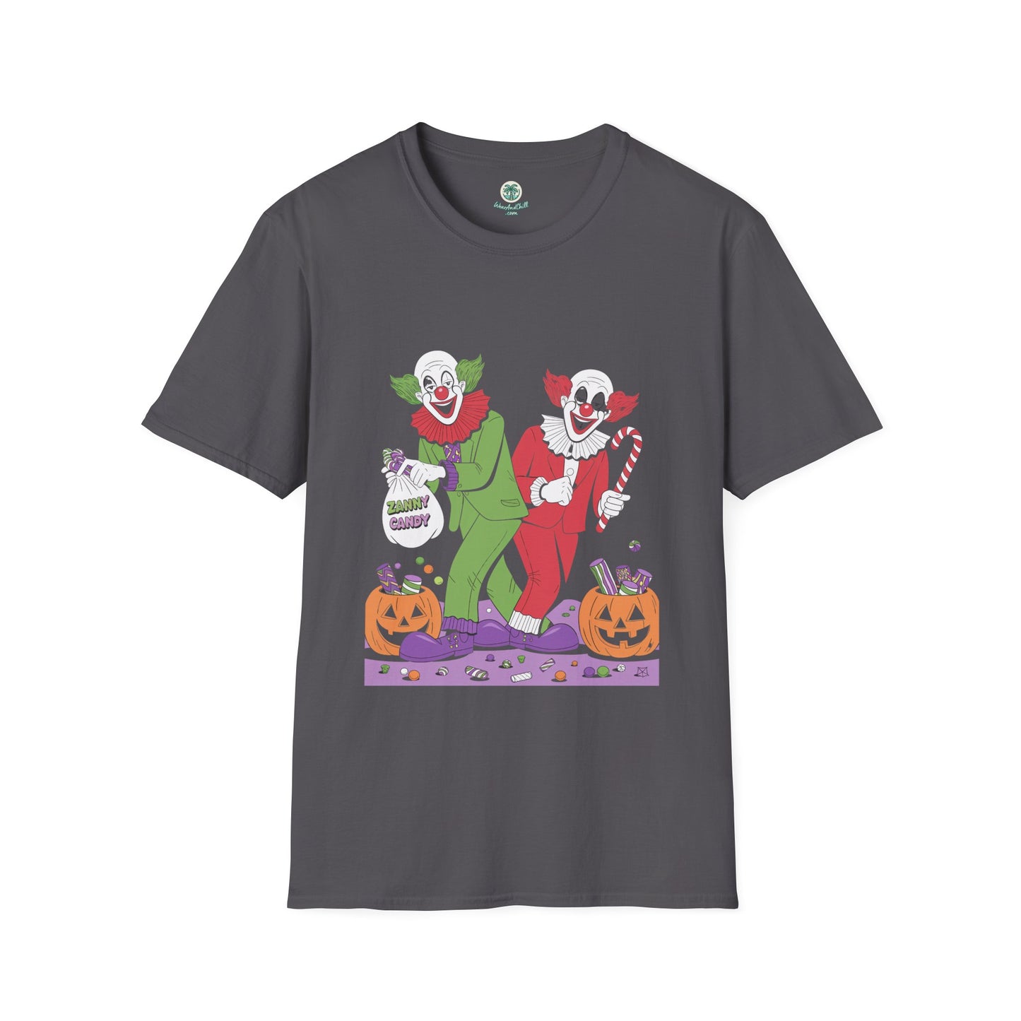 Zany clowns handing out candy