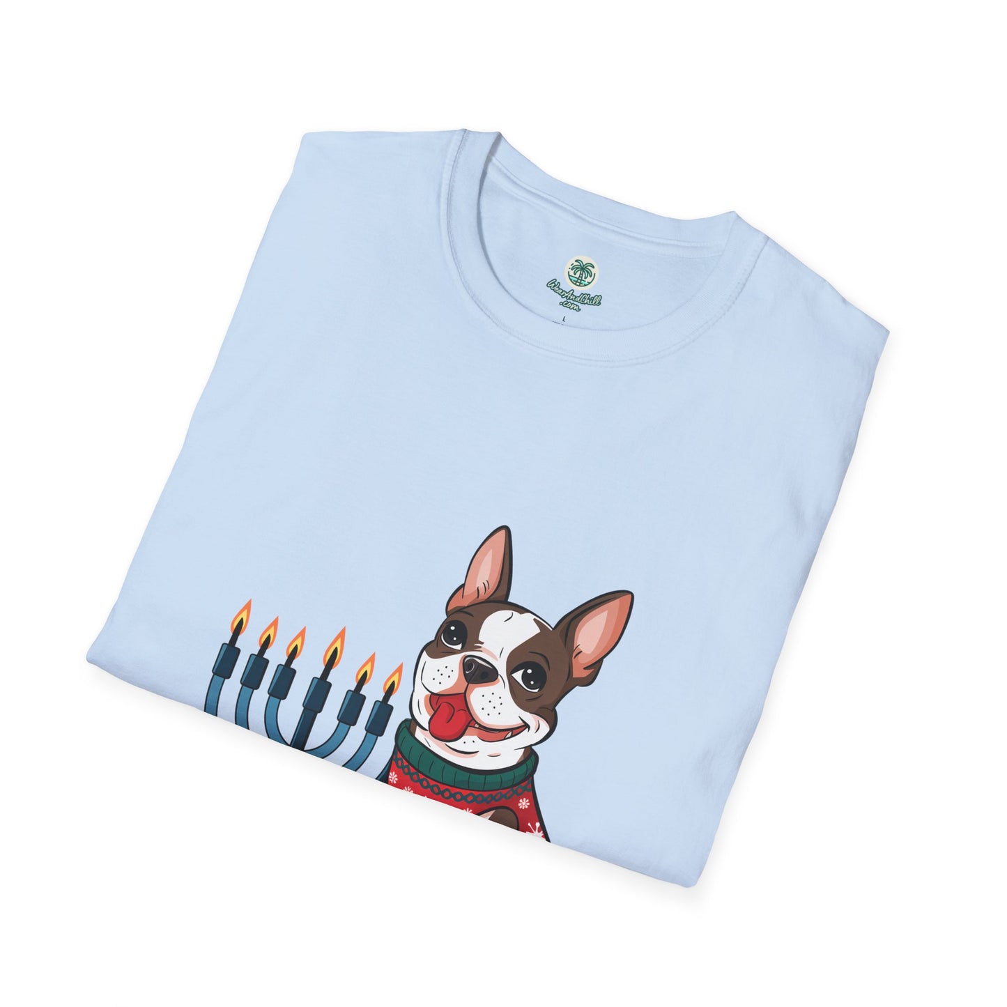 A cheerful Boston Terrier and a menorah