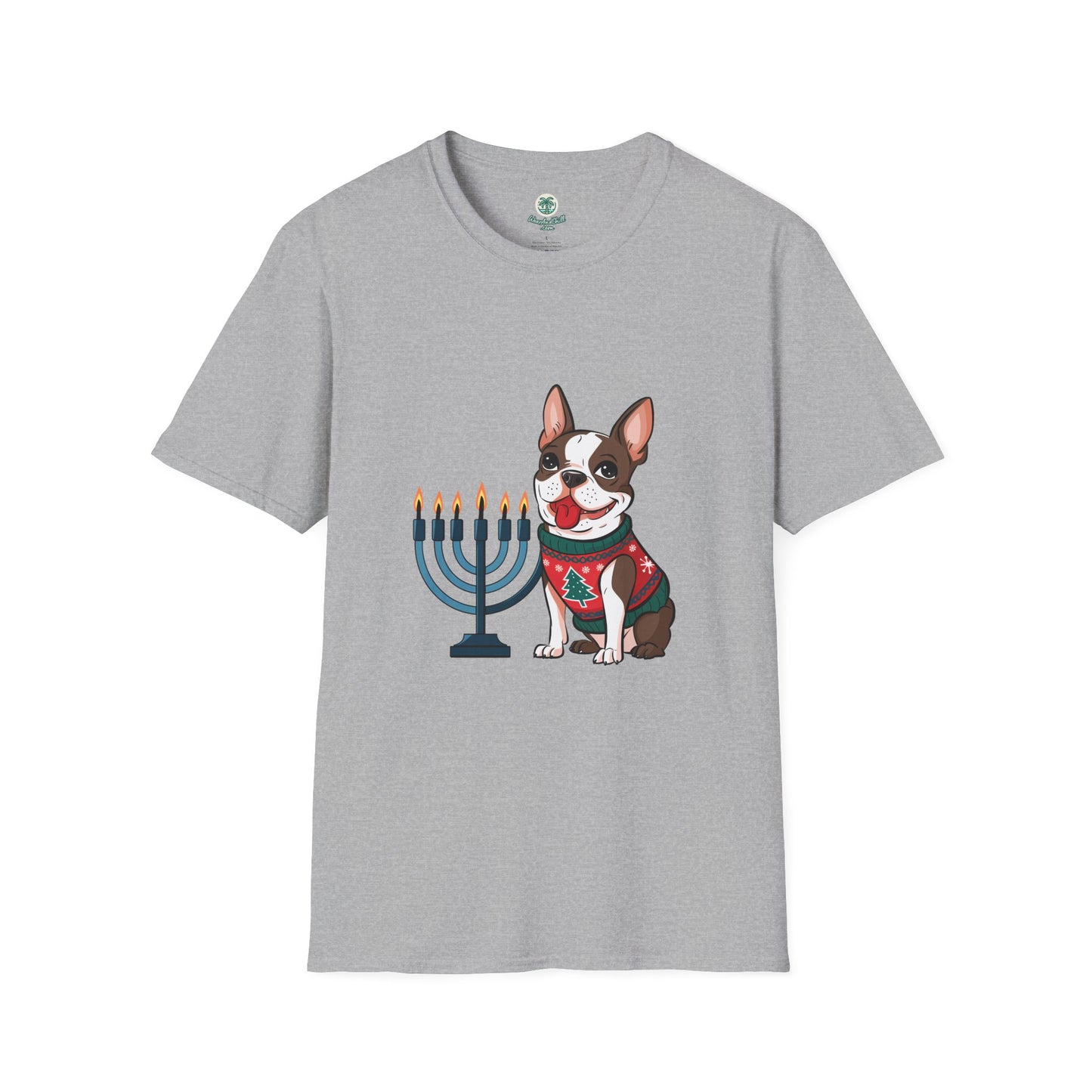 A cheerful Boston Terrier and a menorah