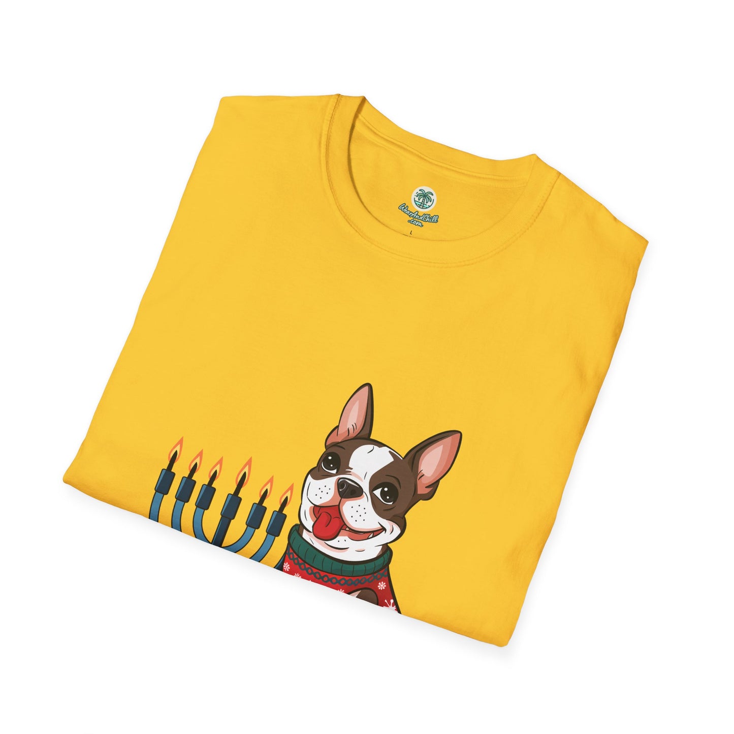 A cheerful Boston Terrier and a menorah