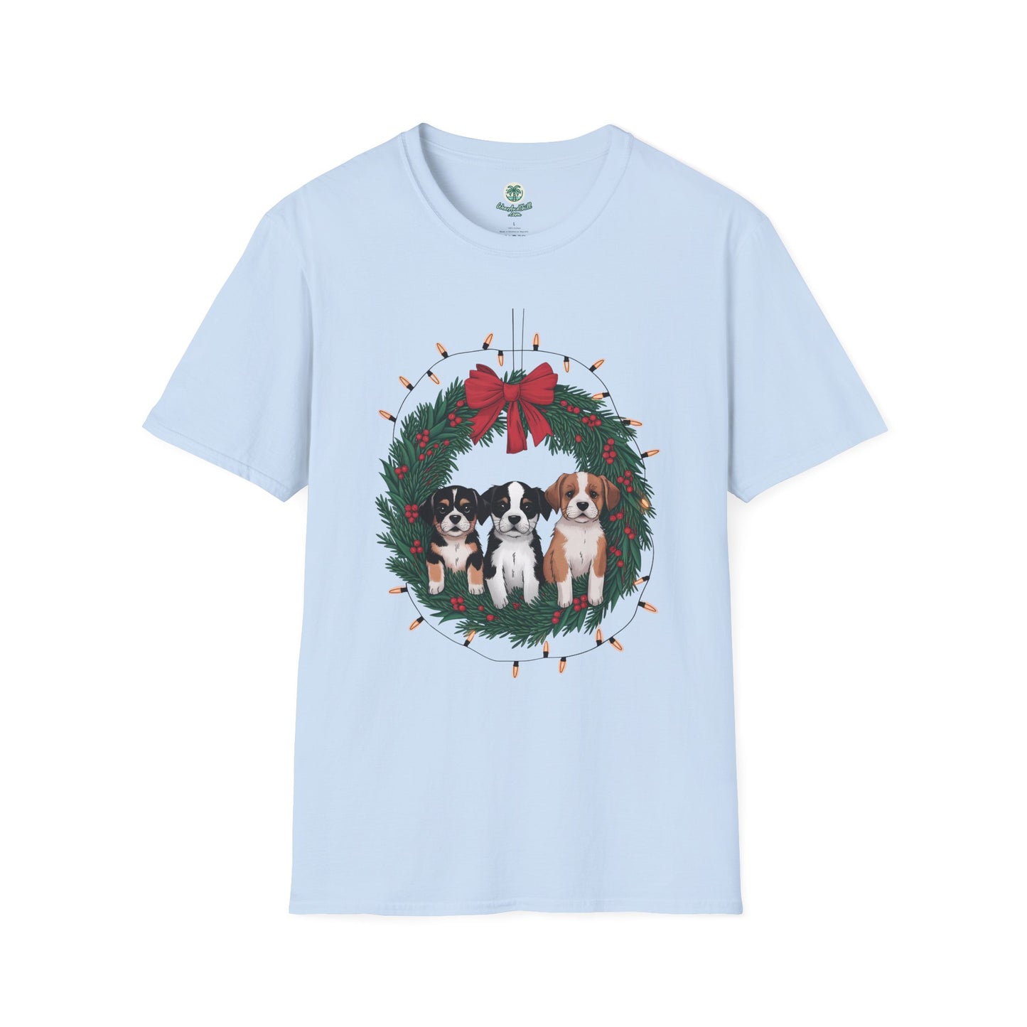 Puppies sitting in a Christmas wreath