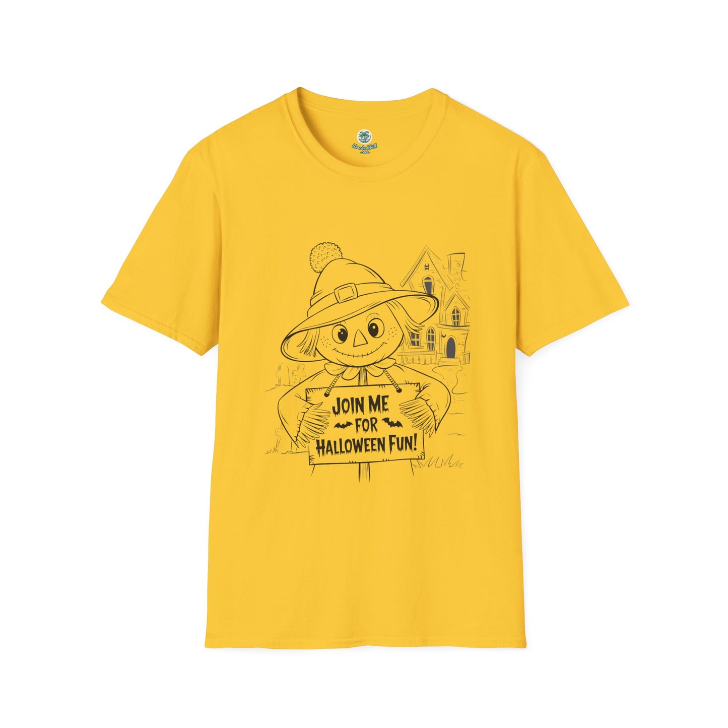 Friendly scarecrow inviting you to Halloween fun