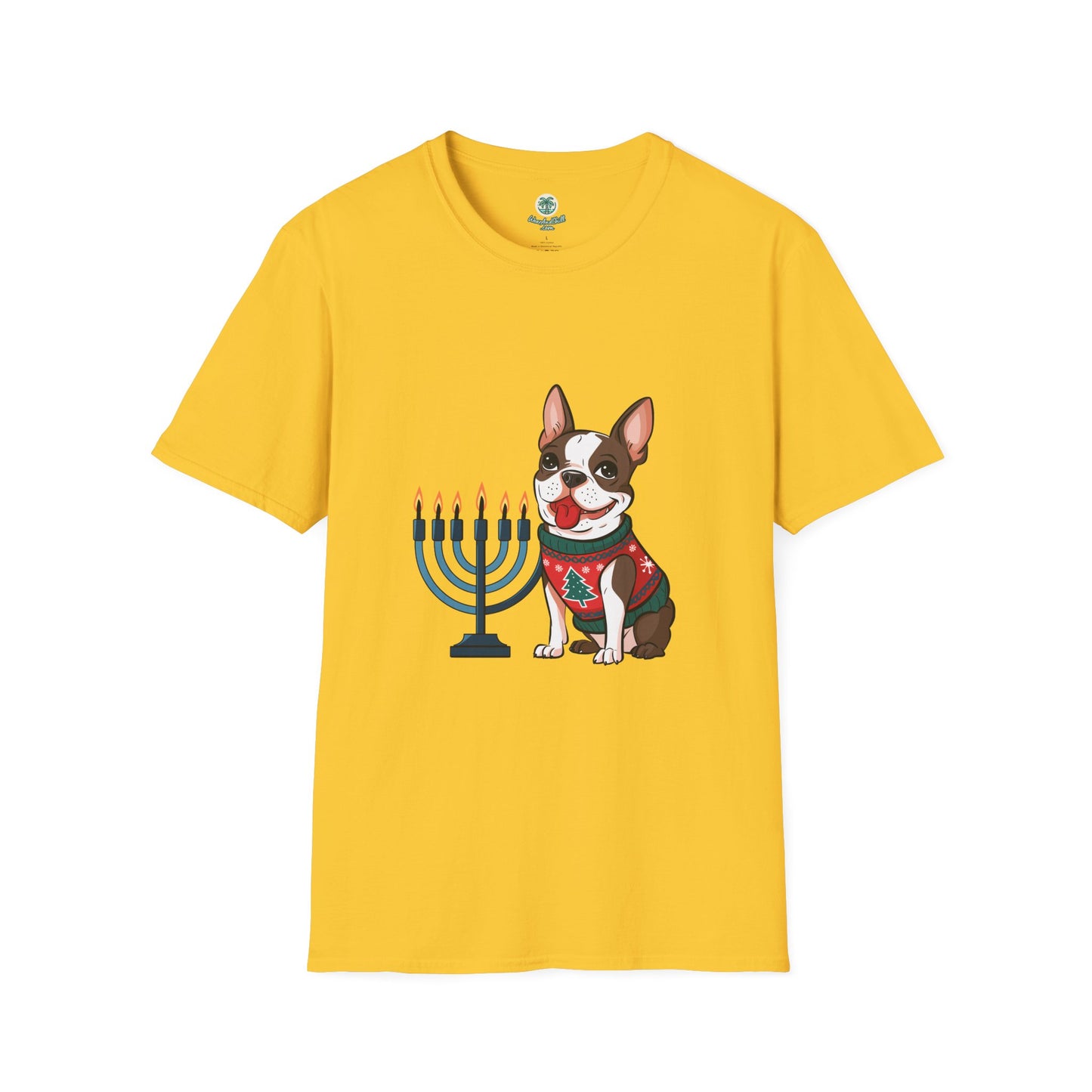A cheerful Boston Terrier and a menorah