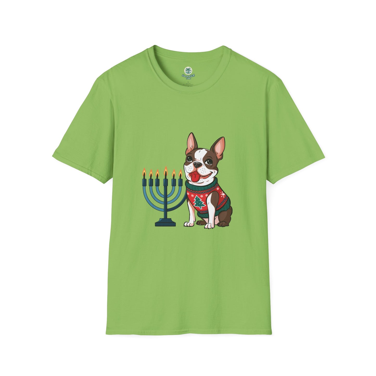 A cheerful Boston Terrier and a menorah