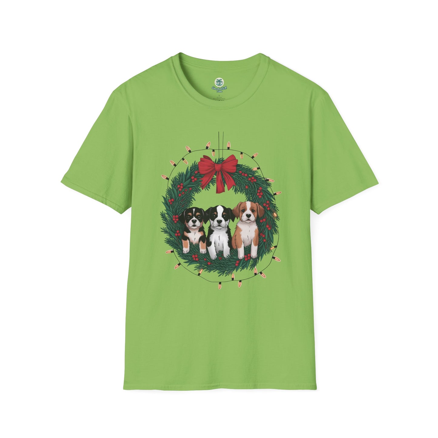 Puppies sitting in a Christmas wreath