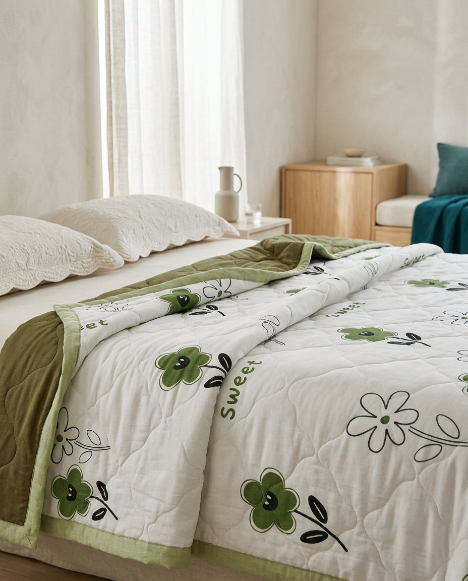 Washed-finish printed summer quilt Ember – bed