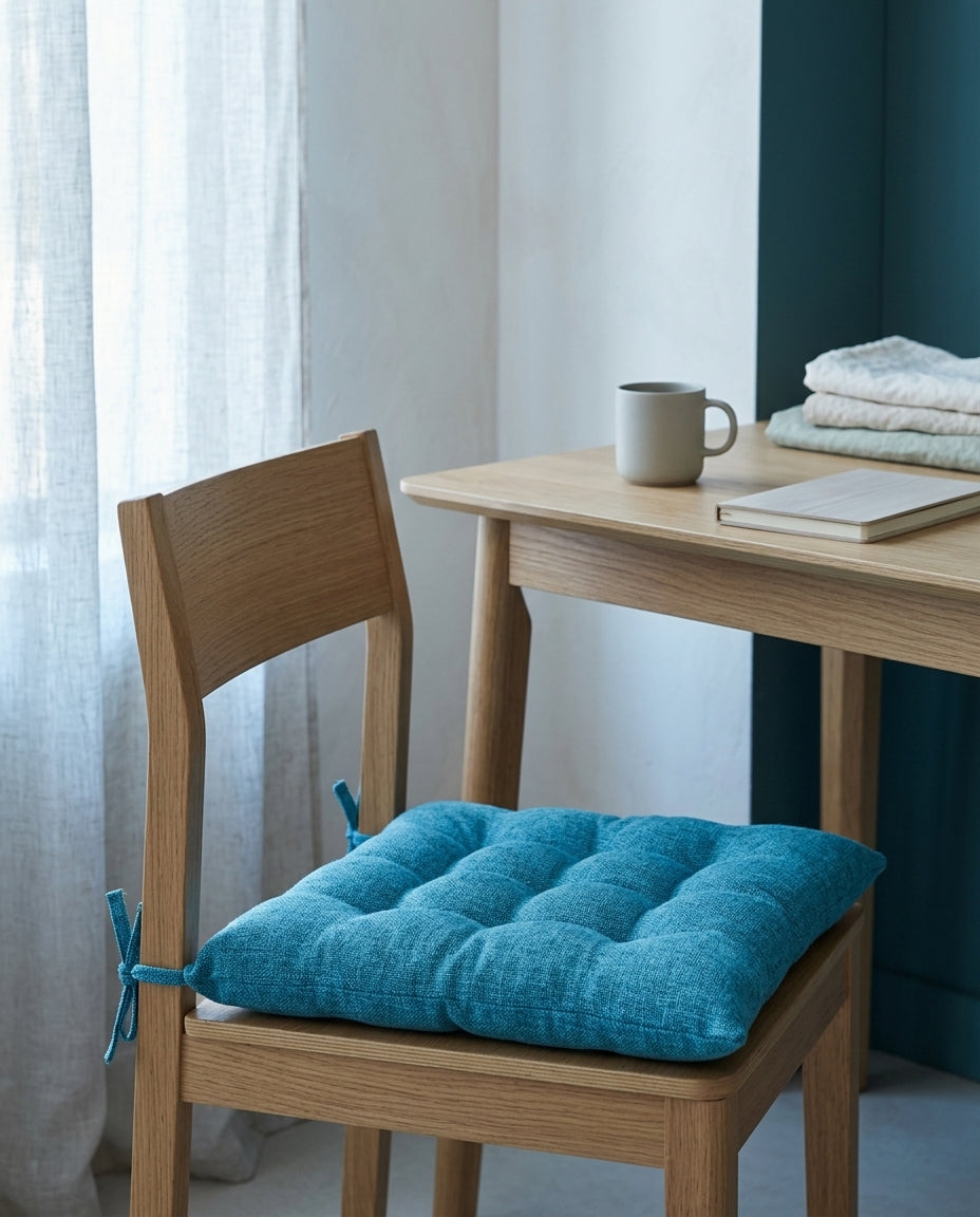 Long Sit chair cushion, linen weave, on a light oak chair by a desk