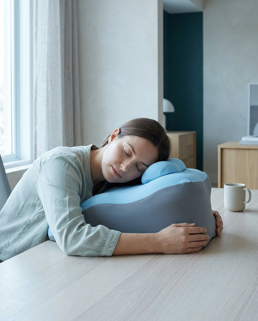 A woman napping on the Quiet Hour desk nap pillow at an office desk, her arms folded around it on the desk