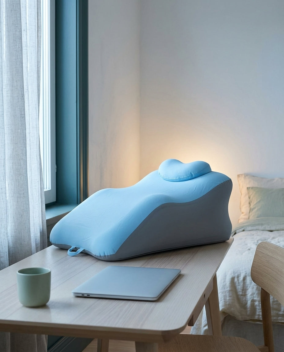 Quiet Hour desk nap pillow standing on a desk beside a closed laptop