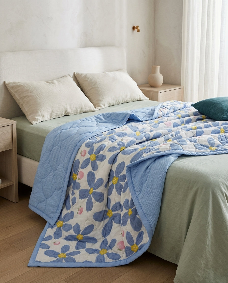 Flower-print summer quilt Bloom – drape