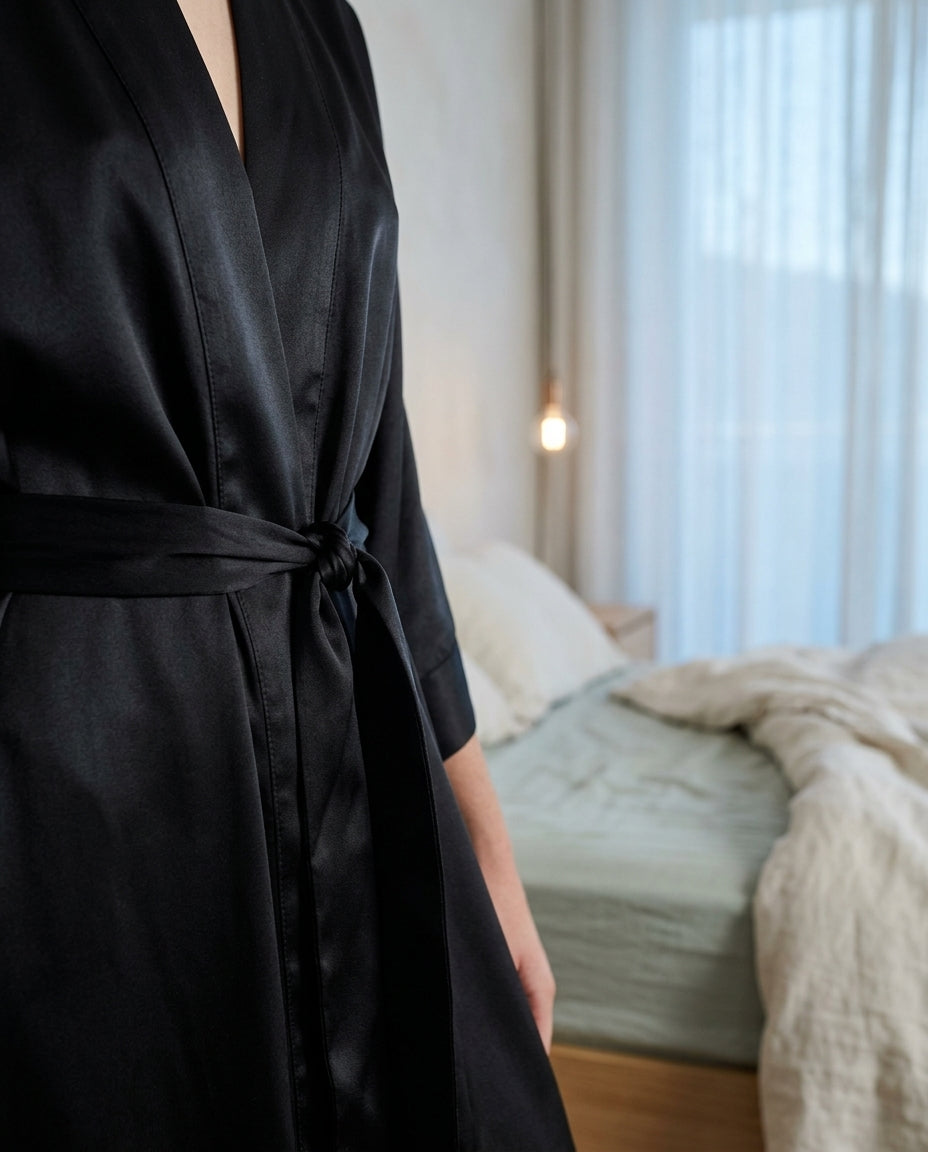 Satin kimono robe Dusk, floor length – detail