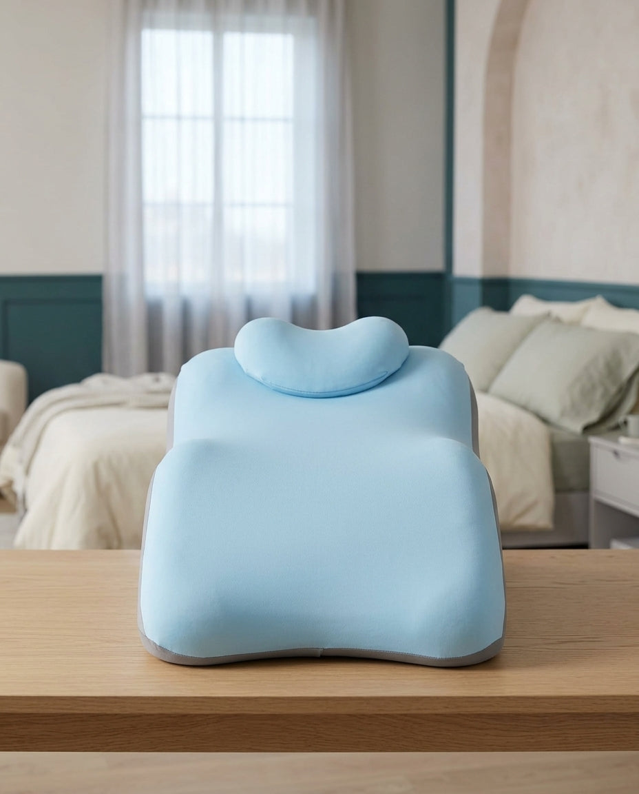 Quiet Hour desk nap pillow seen head-on, showing the raised head pad