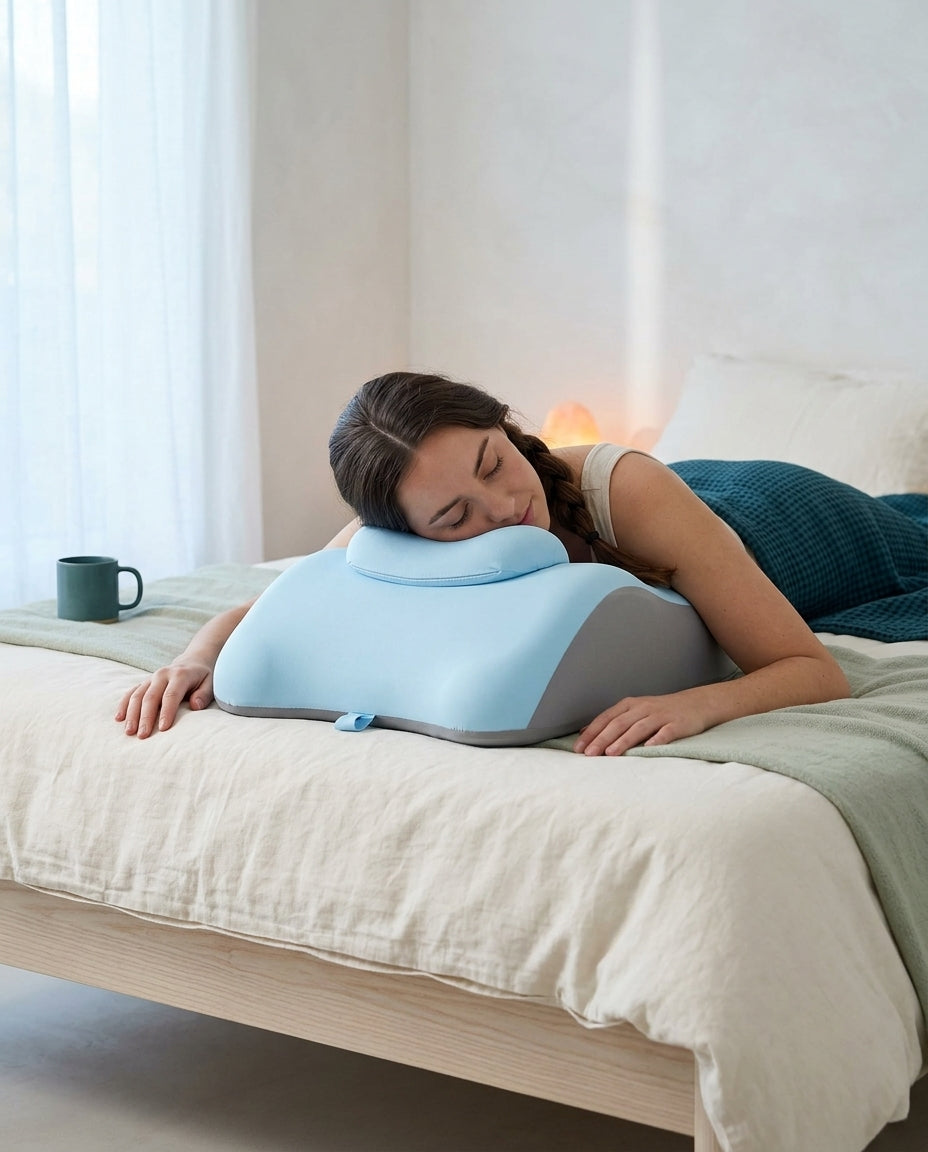 A woman resting face-down on the Quiet Hour desk nap pillow on a bed