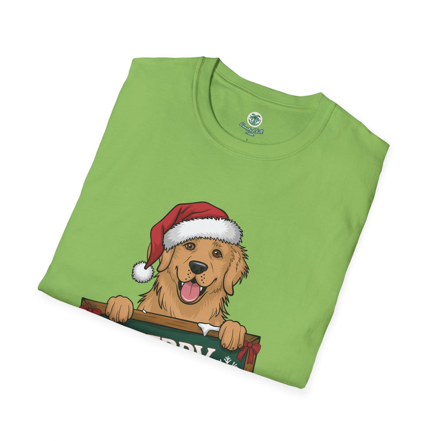 A cheerful golden retriever with a Merry Christmas sign