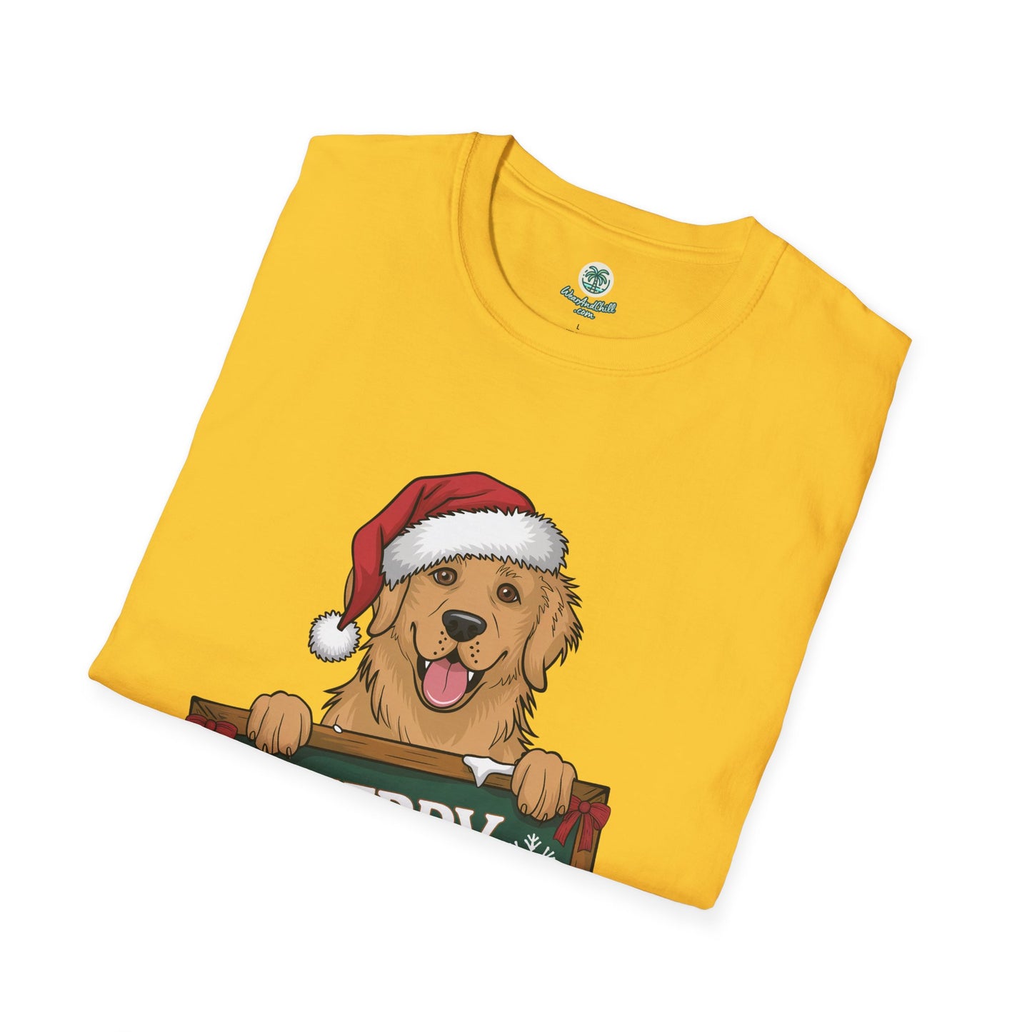 A cheerful golden retriever with a Merry Christmas sign