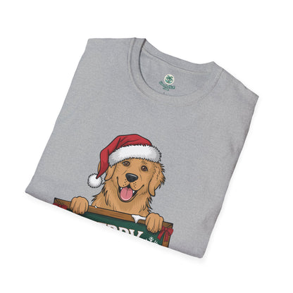 A cheerful golden retriever with a Merry Christmas sign